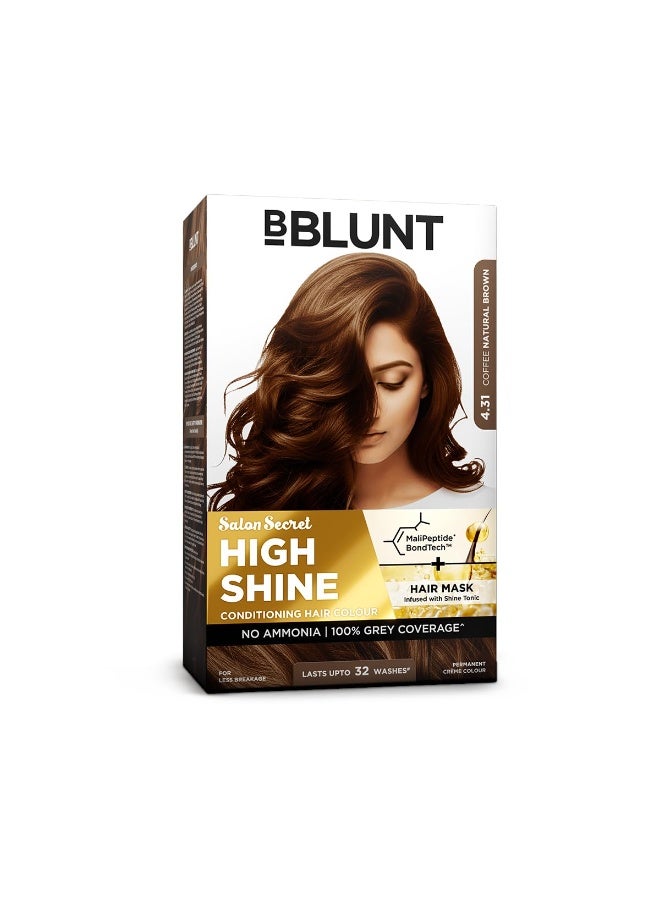 BBLUNT Salon Secret High Shine Conditioning Hair Colour With MaliPeptide BondTech  to reduce breakage | Coffee Natural Brown 4.31 | No Ammonia 100%, Grey Coverage | Long Lasting Colour | Salon at home 130g - Image 1